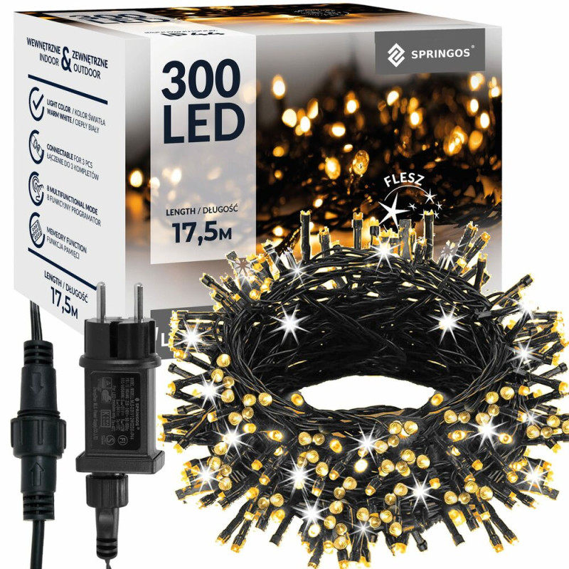 LED světelný řetěz - 17,5m, 300LED, IP44, teplá bílá + záblesky LED světelný řetěz - 17,5m, 300LED, IP44, teplá bílá + záblesky