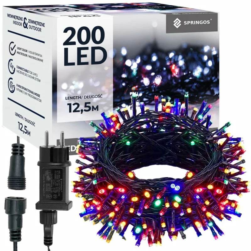 LED světelný řetěz - 12,5m, 200LED, 8 funkcí, paměť, IP44, multicolor LED světelný řetěz - 12,5m, 200LED, 8 funkcí, paměť, IP44, multicolor