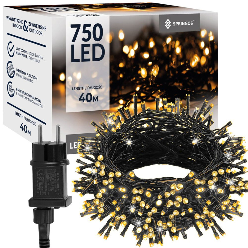 LED světelný řetěz - 40m, 750LED, 8 funkcí, paměť, IP44, teplá bílá LED světelný řetěz - 40m, 750LED, 8 funkcí, paměť, IP44, teplá bílá