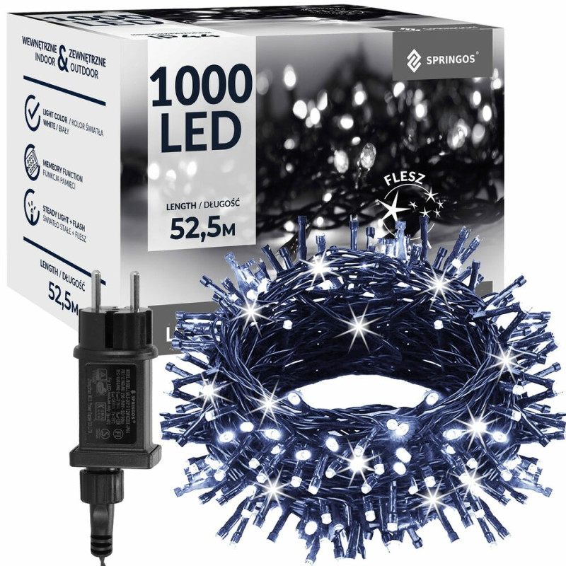 LED světelný řetěz - 52,5m, 1000LED, IP44, studená bílá + záblesky LED světelný řetěz - 52,5m, 1000LED, IP44, studená bílá + záblesky
