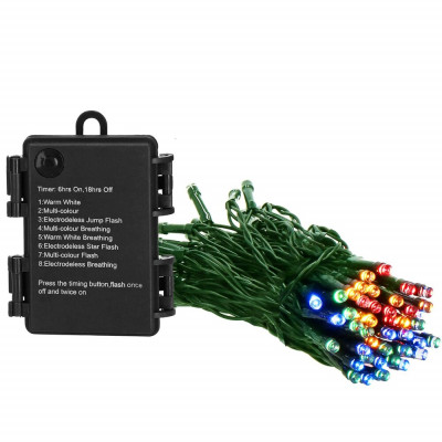 LED řetěz - 5m, 50LED, 8-funkcí, časovač, 3xAA, IP44, multicolor
