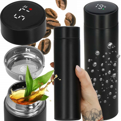 Nerezová termoska s teploměrem + sítko 500 ml SPRINGOS THERMOS černá