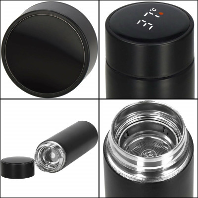 Nerezová termoska s teploměrem + sítko 500 ml SPRINGOS THERMOS černá