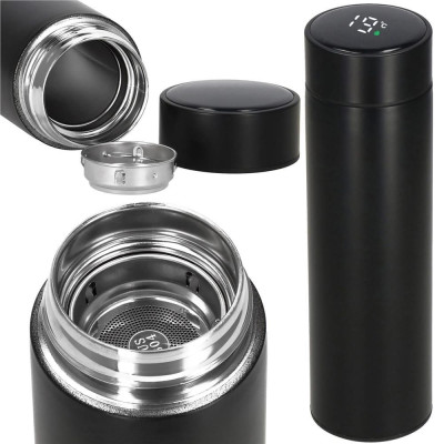 Nerezová termoska s teploměrem + sítko 500 ml SPRINGOS THERMOS černá