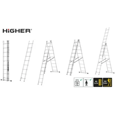 Hliníkový žebřík 3x9 příček 5,06 m třídílný HIGHER 6309
