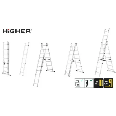Hliníkový žebřík 3x7 příček 4,25 m třídílný HIGHER 6307