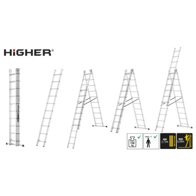 Hliníkový žebřík 3x10 příček 6,04 m třídílný HIGHER 6310