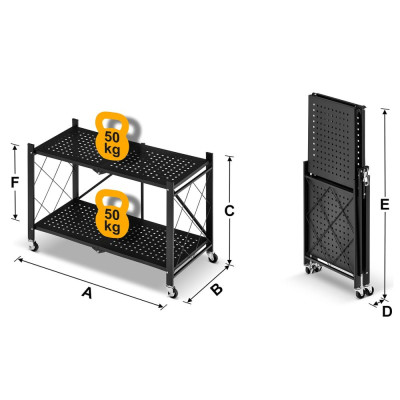 Kovový regál 70x35x50 cm 2 police lakovaný mobilní HIGHER CJ01-02