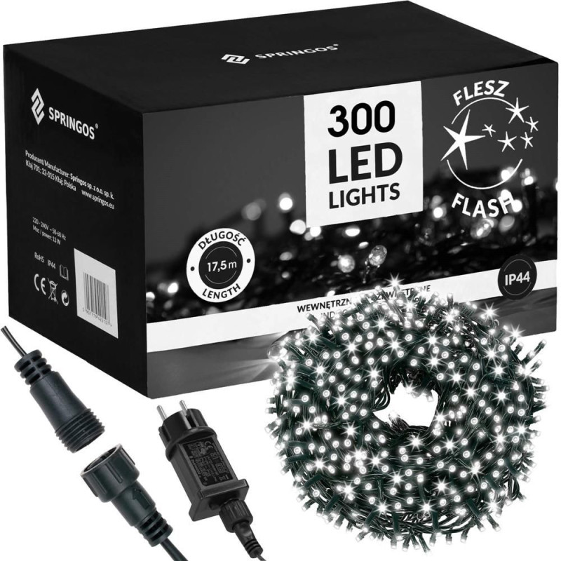 LED světelný řetěz - 17,5m, 300LED, IP44, studená bílá + záblesky LED světelný řetěz - 17,5m, 300LED, IP44, studená bílá + záblesky