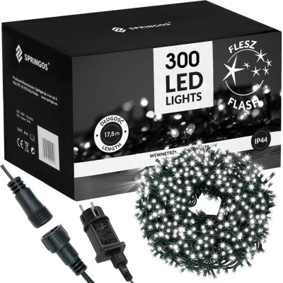 LED světelný řetěz - 17,5m, 300LED, IP44, studená bílá + záblesky