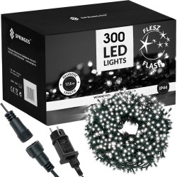 LED světelný řetěz - 17,5m, 300LED, IP44, studená bílá + záblesky