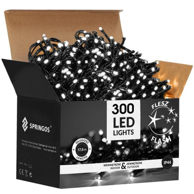 LED světelný řetěz - 17,5m, 300LED, IP44, studená bílá + záblesky