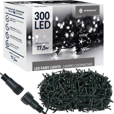LED světelný řetěz - 17,5m, 300LED, IP44, studená bílá + záblesky
