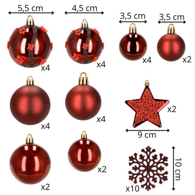 Vánoční baňky červené mix 7/6/5 cm, sada 40ks, CA1523