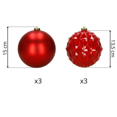 Vánoční baňky - červené mix 15 cm, sada 6ks CA1528