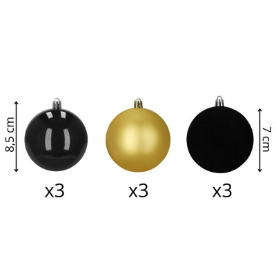 Vánoční baňky černo-zlaté mix - 8cm sada 9ks, vánoční ozdoby