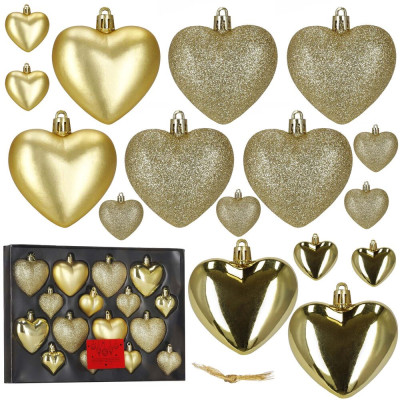Srdíčka zlatá sada 16ks, vánoční ozdoby