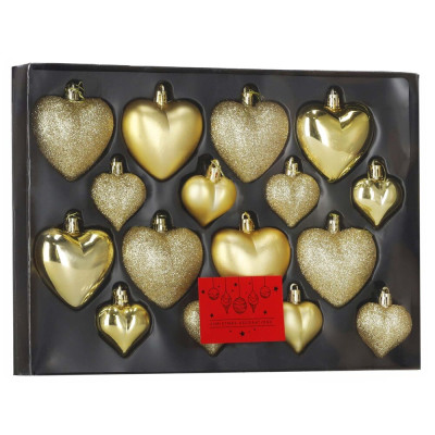 Srdíčka zlatá sada 16ks, vánoční ozdoby