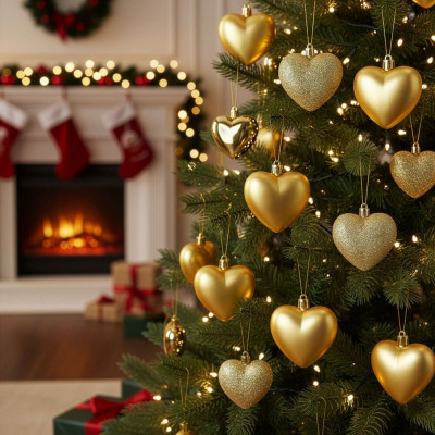 Srdíčka zlatá sada 16ks, vánoční ozdoby