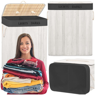 Koš na prádlo dvoudílný 105l SPRINGOS bambus bílý/tmavě šedý