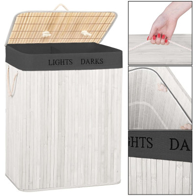 Koš na prádlo dvoudílný 105l SPRINGOS bambus bílý/tmavě šedý