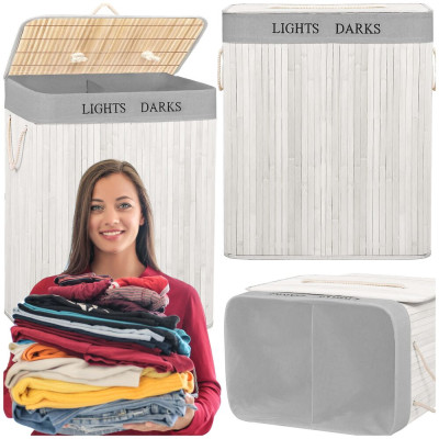 Koš na prádlo dvoudílný 105l SPRINGOS bambus bílý/světle šedý