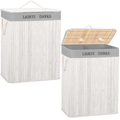 Koš na prádlo dvoudílný 105l SPRINGOS bambus bílý/světle šedý