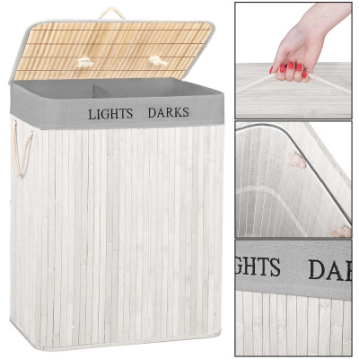 Koš na prádlo dvoudílný 105l SPRINGOS bambus bílý/světle šedý