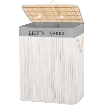 Koš na prádlo dvoudílný 105l SPRINGOS bambus bílý/světle šedý