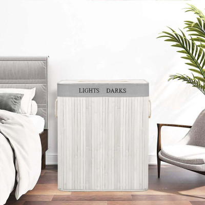 Koš na prádlo dvoudílný 105l SPRINGOS bambus bílý/světle šedý