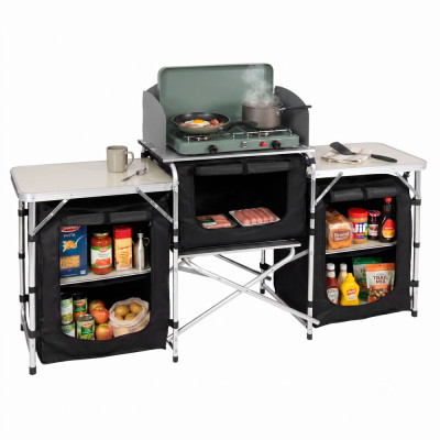 Kempingová kuchyňka se skříňkami 175x45x110cm SPRINGOS CS0188 černo-stříbrná