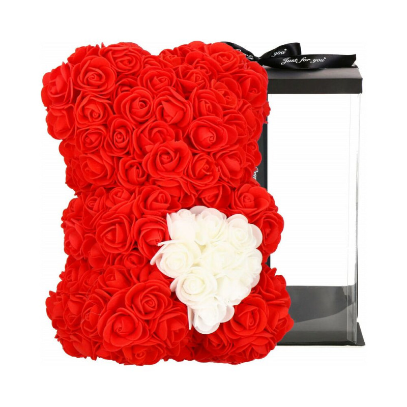 Medvídek z růží 30 cm, červený s bílým srdcem SPRINGOS ROSE BEAR