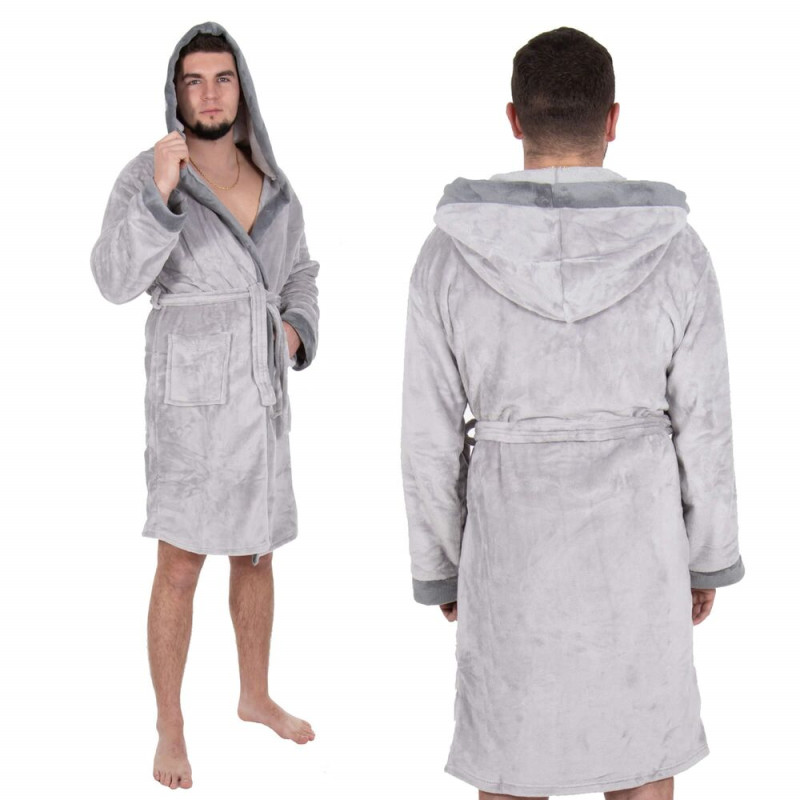 Pánský župan s kapucí vel. L/XL SPRINGOS Velvet HA7378 šedý