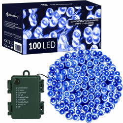 LED světelný řetěz - 10m, 100LED, 8 funkcí, 3xAA, IP44, modrá