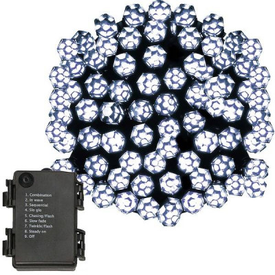 LED světelný řetěz - 9m, 120LED Krystal, 8 funkcí, 3xAA, IP44, studená bílá