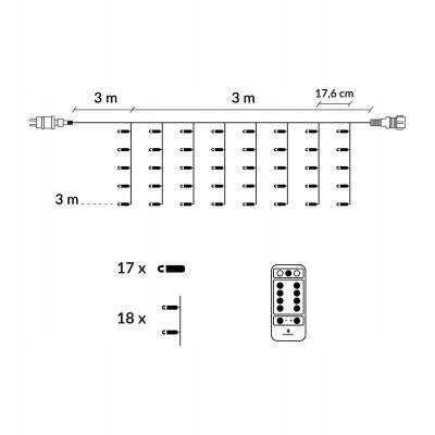 LED světelný závěs - 3x3m, 306LED, 8 funkcí, ovladač, IP44, studená bílá