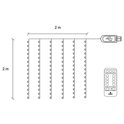 LED Nano světelný závěs - 2x2m, 200LED, 8 funkcí, ovladač, USB, IP44, teplá bílá