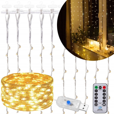 LED Nano světelný závěs - 3x2m, 200LED, 8 funkcí, ovladač, USB, IP44, teplá bílá