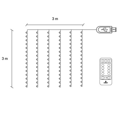 LED Nano světelný závěs - 3x3m, 300LED, 8 funkcí, ovladač, USB, IP44, studená bílá