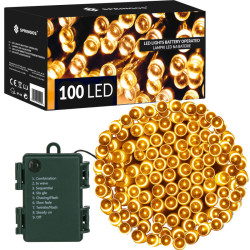 LED světelný řetěz - 10m, 100LED, 8 funkcí, 3xAA, IP44, teplá bílá