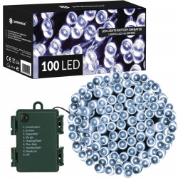 LED světelný řetěz - 10m, 100LED, 8 funkcí, 3xAA, IP44, studená bílá