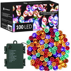 LED světelný řetěz - 10m, 100LED, 8 funkcí, 3xAA, IP44, multicolor
