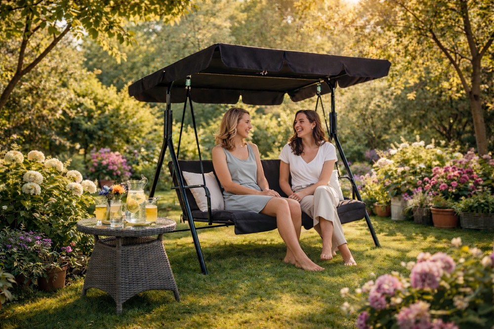 Zahradní houpačka 3-místná, černá SPRINGOS LUNA