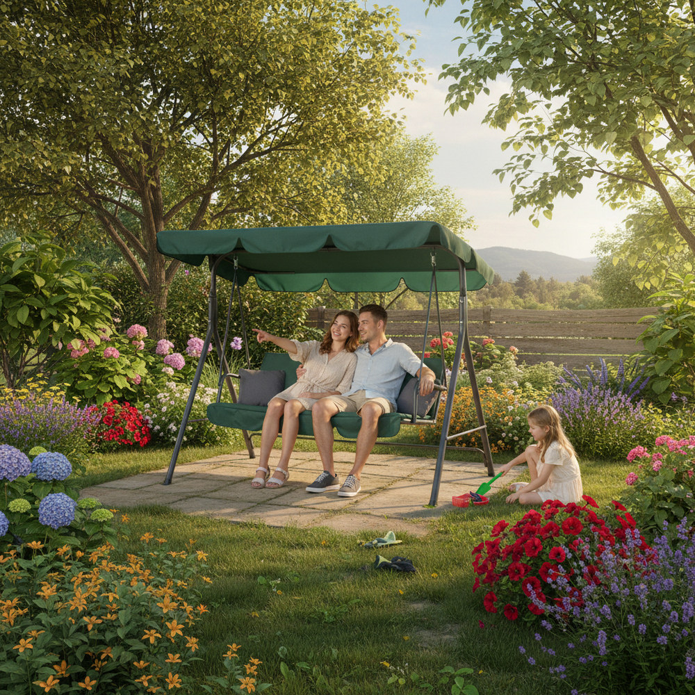 Zahradní houpačka 3-místná, zelená SPRINGOS LUNA