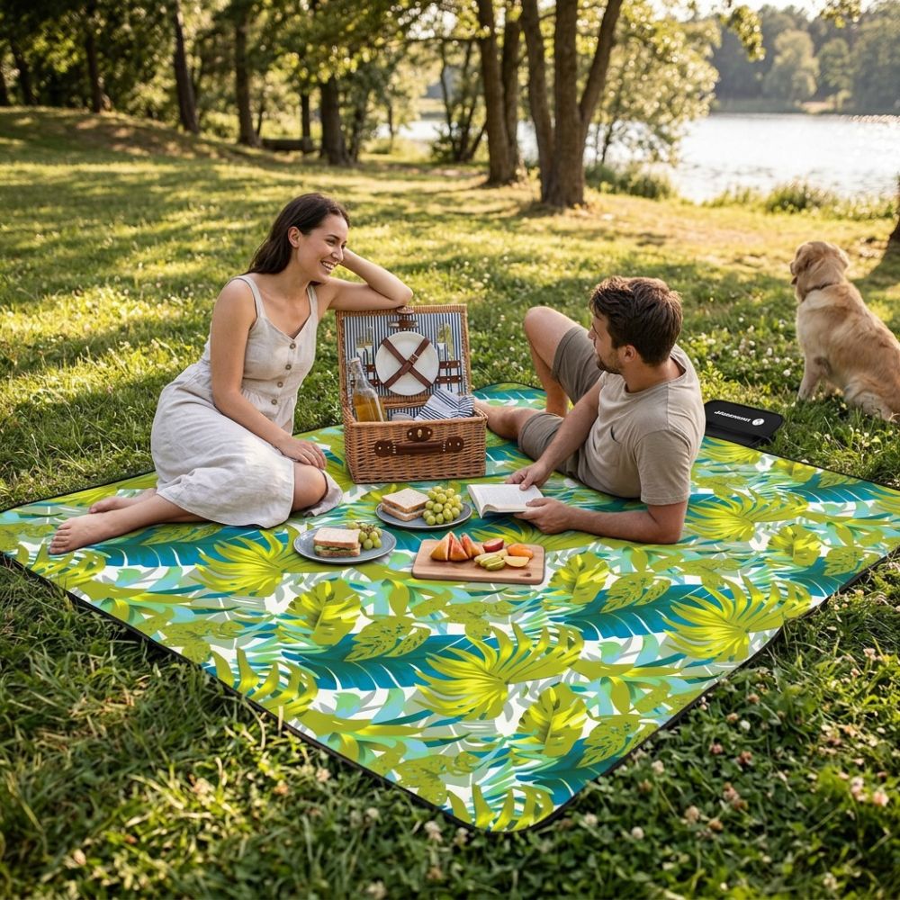 Pikniková deka 200x200 cm SPRINGOS PM041 zelená s listy